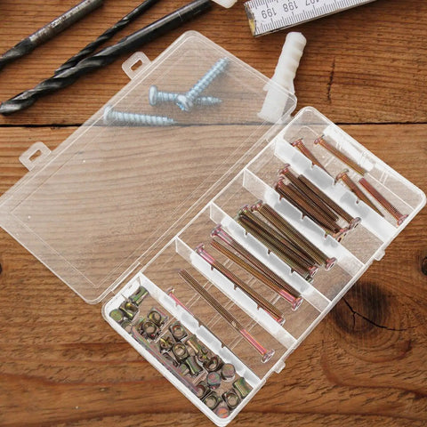 49Pcs M6 40 To 80Mm Hex Socket Head Screws And Barrel Nuts Grab And Go Kit in clear plastic case on wooden table