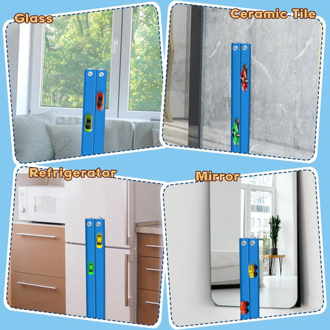 Race Car Track Starter Set With Flexible 15 Foot Ramp on glass, tile, fridge, and mirror surfaces, showing suction cup attachment