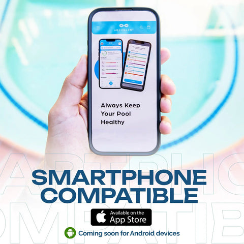 Hand holding smartphone displaying AI app for All In One Pool And Spa Water Test Kit With AI Powered App No Fuss Thick Strips.