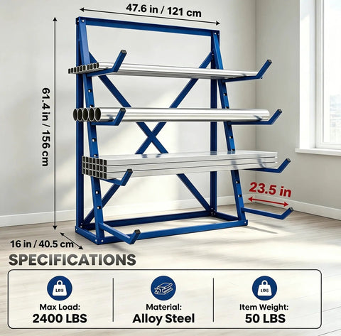 Beast Mode Cantilever Storage Rack Four Tier Steel Frame Supports Two Thousand Four Hundred Pounds For Lumber Pipes Metal Sheets And Garage Workshop Setup dimensions with alloy steel construction and weight specifications.