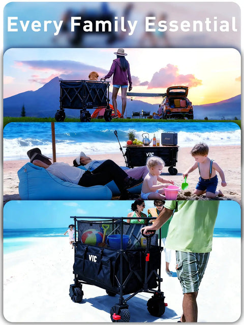 Heavy Duty Folding Wagon With 54 Inch Tabletop And 680lb Mega Capacity 5 Set Collapsible Carts All Terrain Wheels With Brakes Extra Long Portable Wagon For Camping Shopping And Outdoor Hauling on sunny beach.