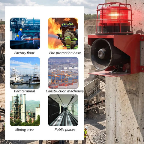Hardhat Ready Job Site Beast With 115 Decibel Loud Horn And IP65 Waterproof LED Strobe Light For Mine Quarry Construction Emergency Sound Visual Warning Alarm Beacon mounted on wall for industrial use.