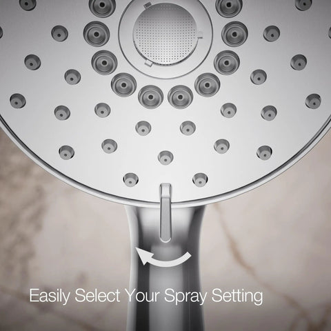 Close-up of Forté Four-Function Handshower With Nonpositive Shutoff spray settings dial, polished chrome finish.