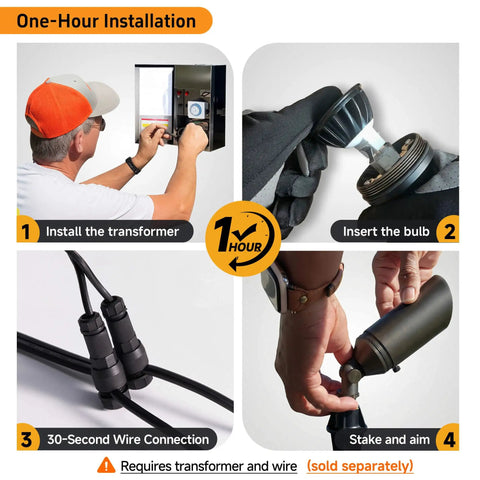 Brass Outdoor Landscape Spotlight Kit, Low Voltage 12V Wired LED Uplights installation guide, steps to setup.