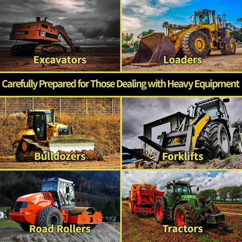 Collage of excavators, loaders, bulldozers, forklifts, road rollers, and tractors for field pros with Construction Equipment Keys Master Set 22 Piece for Heavy Machinery Access with CAT 5P8500 Hyster 166 John Deere Bobcat D 250 Takeuchi H806 and Hitachi Models Rugged Easy Grip Key Kit for Field Pros and Fleet Maintenance Go To Gear displayed