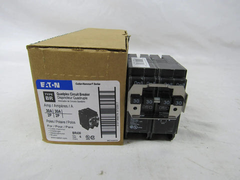 Quad Pole 240 Volt BR Molded Case Circuit Breaker 30 Amp 10 KAIC Thermal Magnetic with packaging, Eaton Cutler Hammer label visible