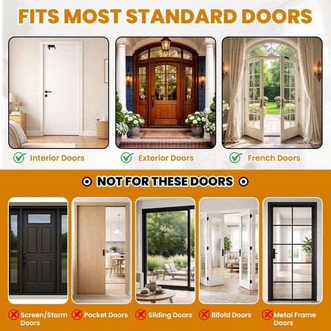 Universal Child Safety Door Top Lock fits standard interior, exterior, and French doors; not suitable for screen or sliding doors.
