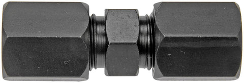 Front view of Dorman 800-204 black steel high-pressure compression union with hex end fittings