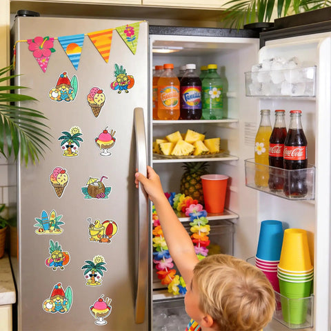 Summer Craft Fridge Magnet Kit For DIY Colorful Beach Fruit Ice Cream Magnets With 32 Cards 32 Magnets And 24 Paint Pens Kid Friendly Totally Fun Vacation Camp Party Gifts And Classroom Activities displayed on a fridge door
