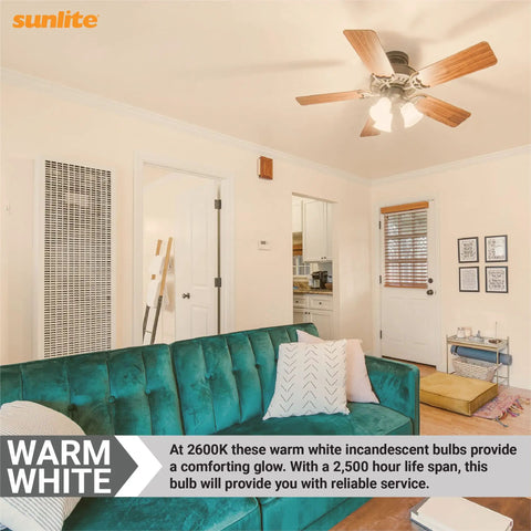 Living room with ceiling fan lighting, highlighting Incandescent A15 Appliance Light Bulbs 40W Dimmable 320 Lumens Frost Finish E26 Base 2600K Warm White Mercury Free 12 Count Pack Perfect For Ceiling Fixtures Lamps And Small Appliances.