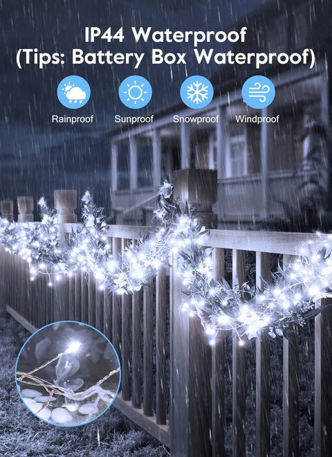 Firecracker String Lights 60 LED Battery Operated 5 Feet 2 Pack With Remote illuminating a fence outdoors in the rain.