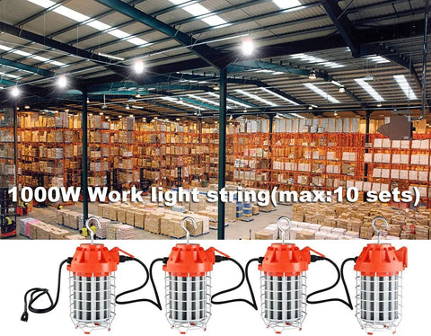 60W LED Temporary Work Light With 8400 Lumen Output in a warehouse, UL Listed, steel guard, plug and play with hook