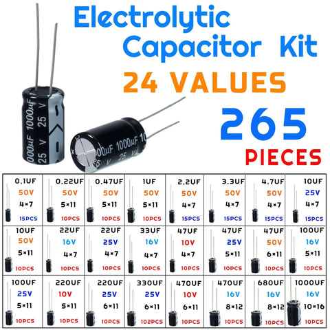 265 Piece Electrolytic Capacitor Kit With 24 Values From 0.1uF To 1000uF In Inline Aluminum Capacitors 10V 16V 25V And 50V