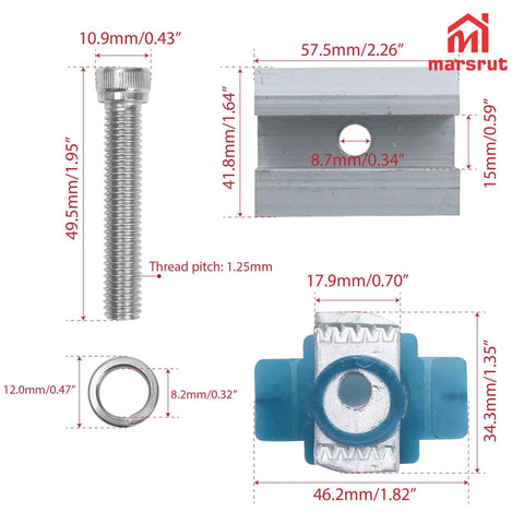 Dimensions and components of 10 Pcs Solar Panel Clamps For Unistrut System And Mounting Bracket Kit Beefy Adjustable