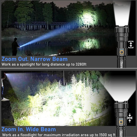 Rechargeable LED Flashlight 20,000 Lumens XHP70.2 Beam showing narrow and wide beam modes over outdoor landscape