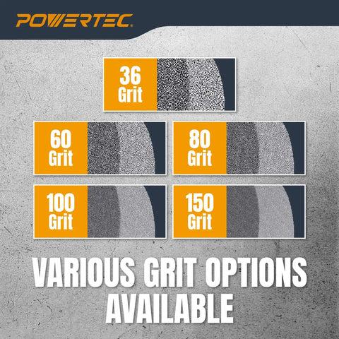 Various grit options including 36, 60, 80, 100, and 150 displayed for grinding wheels by POWERTEC.