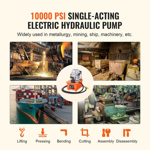 Heavy Duty Electric Hydraulic Pump Setup With Extended Remote Hose And Simple Lever Switch High Pressure for industrial lifting and pressing tasks.