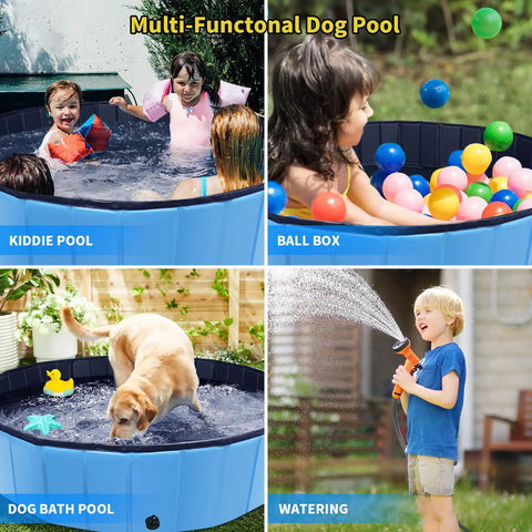 Children and a dog using a Foldable Dog Pool 79 Inch By 14 Inch Large Non Slip Outdoor Bath Tub For Dogs And Pets in a backyard.