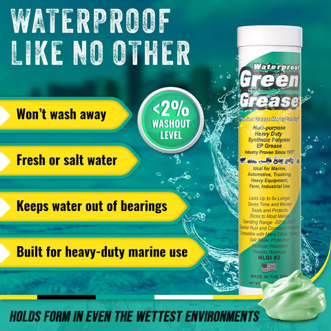 Green grease tube, 14 oz, NLGI 2 lithium, waterproof marine-grade wheel bearing lubricant.