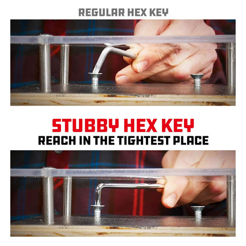 Person using Gnarly Stubby Long Arm Ball End Hex Key Set 9 Piece Metric Allen Wrench Kit One Point Five To Ten Millimeter in tight spot