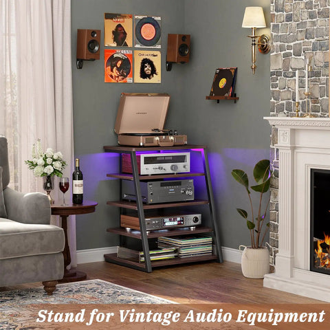 Rock Solid AV Media Stand With Zero Stress Assembly And Five Tier Adjustable Shelves For Stereo Racks And Compact Entertainment Centers A Total No Sweat Game Changer For Your Space, featuring audio gear and decor.