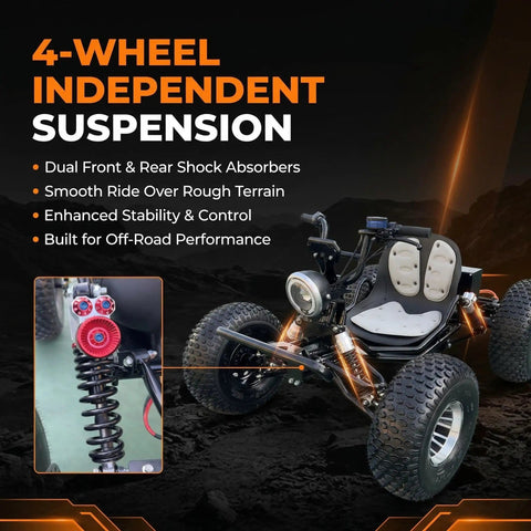 Beast 72V Peak 10.8kW Brushless Electric Off Road Go Kart With Shaft Drive, dual rear discs, 19x7-8 tires, 4-wheel suspension