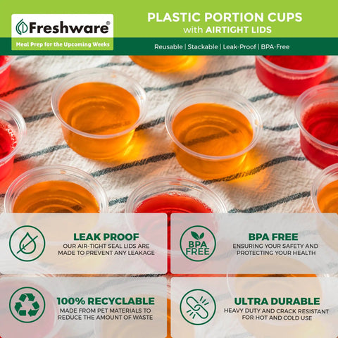 Heavy Duty 2 Oz Disposable Portion Cups With Airtight Lids Bulk 200 Piece Grab Bag filled with colorful jello shots.
