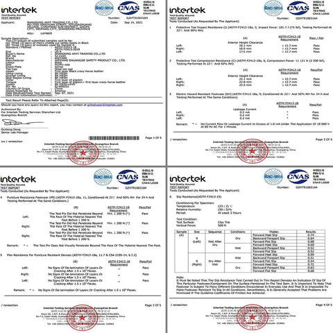 Product testing certification documents for Steel Toe Work Boots For Men 6 Inch Nubuck Leather Electrical Insulation Non Slip Safety Boots.