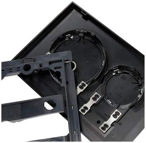 Inner components of Sigma20 Dual Flush Actuator Plate Black Polished Chrome, showing plastic and metal construction for concealed toilet tanks.