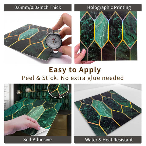 Holographic Emerald Art Deco Peel And Stick Backsplash Tiles Self Adhesive PVC Wall Tiles for easy kitchen bathroom application.
