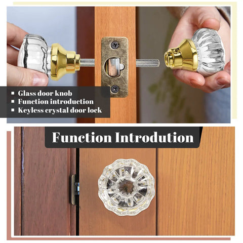 Installing Two Pack Glass Door Knobs Set With Spindle, Mortise Style Fluted Crystal Antique Door Hardware For Interior Doors, Gold Finish, Retro Vibe Look, Easy Install Replacement For Home Decor on a wooden door