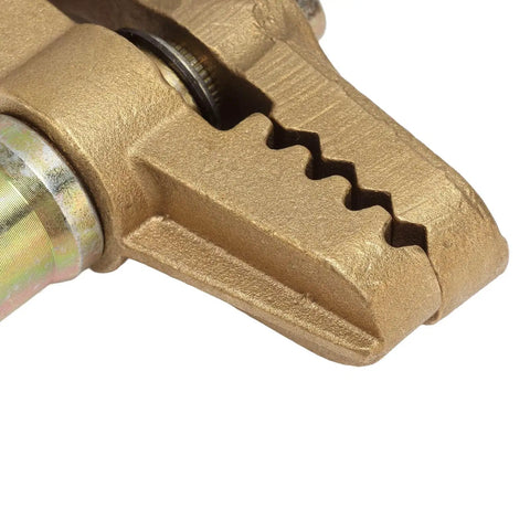 Close-up of the 800A Brass Welding Ground Clamp with 35mm opening, featuring brass construction and serrated jaw for conductivity.