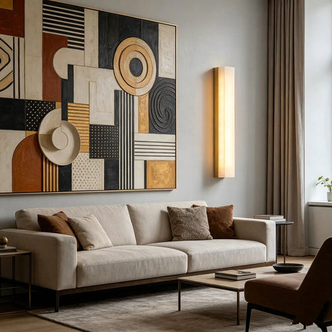 Modern Linear Alabaster Wall Sconce Featuring Polished Copper Base And Three Switchable Color Modes For Chill Bedroom And Living Room Super Sleek Bar Lamp Fixture above a beige couch and wall art.