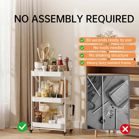 Foldable 3 Tier Rolling Cart With Handle No Assembly Required Heavy Duty Metal Utility Trolley On Wheels For Kitchen Office Craft Art