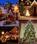 Christmas decorations with lights, Santa, and snowman display in various outdoor settings and a decorated indoor Christmas tree.