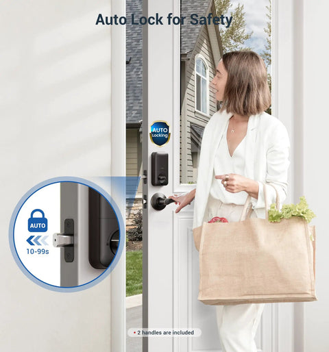 Woman using Fast Unlocking Fingerprint Door Lock With Two Lever Handles on front door, keyless entry, auto lock feature < 140