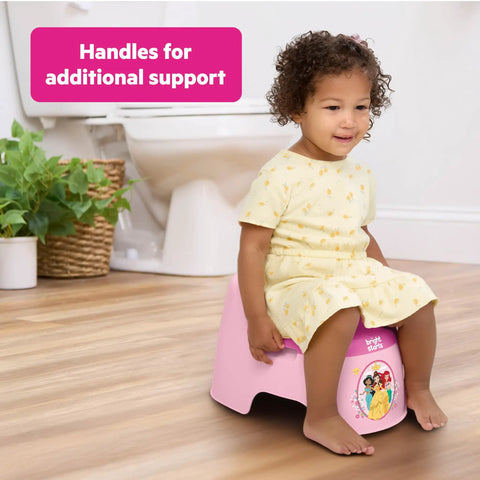 Child sitting on Disney Princess Toddler Potty Training Seat Big Kid Leap With Removable Bowl Splash Guard Super Comfy High Back Support.
