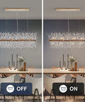 12-Light Crystal Firework Chandelier With Gold Metal Finish, Modern Dining Room Lighting Fixture, on and off view