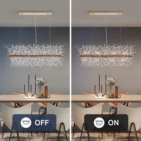 12-Light Crystal Firework Chandelier With Gold Metal Finish, Modern Dining Room Lighting Fixture, on and off view
