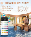 6 In 1 Pool And Spa Test Strips For Quick Water Checks Of pH Hardness Bromine And Chlorine With 100 Counts Pack For Hot Tubs Pools And Spa Maintenance bottle next to woman in hot tub.