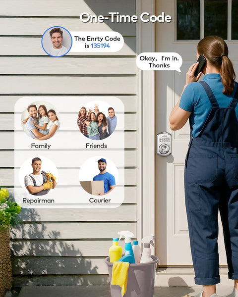Heavy Build Satin Nickel Keypad Door Knob Lock Keyless Entry Handle, user accessing with phone and cleaning supplies nearby.
