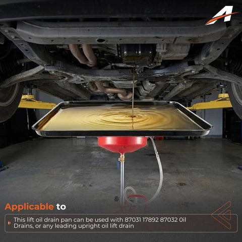 Heavy Duty Transmission Drain Pan With Three 22 Inch Anti Splash Pads in use under car, capturing oil and coolant leak-proof