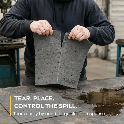 Heavy Duty Universal Absorbent Pads 10 X 13 Inch 100 Pack being torn by hand for quick spill cleanup in workshop.