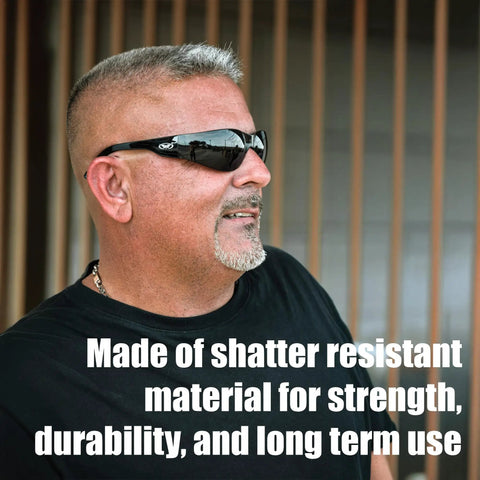 Tough As Nails Safety Glasses With Super Dark Lenses ANSI Z87 1 Certified, worn by man outdoors, showcasing durability and style.