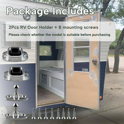 Dead Set Secure Heavy Duty Aluminum RV Door Holder And Trailer Latch For Camper And Cargo Van With Tough As Nails Rubber Socket Plug And Play Design Includes All Mounting Screws package including 2 RV door holders and screws.