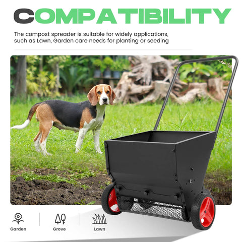 Lawn Drop Spreader With Handle Four Wheels Adjustable Rate for fertilizer, grass seed, and compost on garden with dog in background
