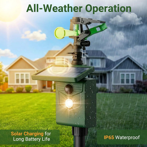 Solar Powered Motion Activated Sprinkler Deterrent in garden setting, showing water resistance and solar panel
