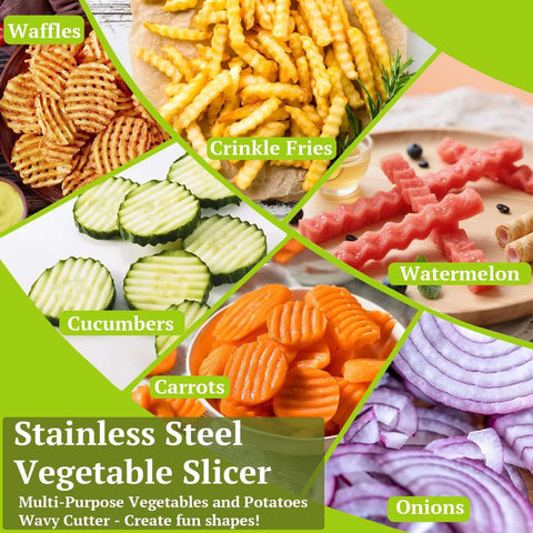 Front view of stainless steel vegetable slicer packaging with crinkle fries, cucumbers, carrots, onions, watermelon