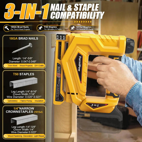 Cordless 3 In 1 Brad Nailer And Narrow Crown Stapler Compatible With Dewalt 20V Battery Platform shown in use for woodworking.
