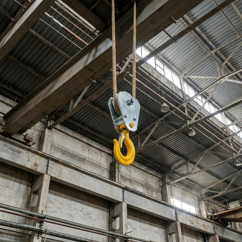 Two Pack Pulley Hook Snatch Block For One Ton 2200 Lb Load Heavy Duty Steel With Hook For Five Eighth Inch Wire Rope 360 Degree Swivel Double Bearing Hoist Pulley System For Towing hanging in warehouse